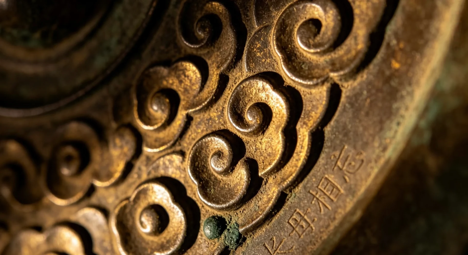 Three close-up views of flowing wirework around crystal